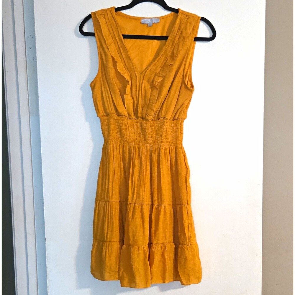 J GEE Yellow Solid V-Neck Sleeveless Smocked Waist Fit & Flare Dress L